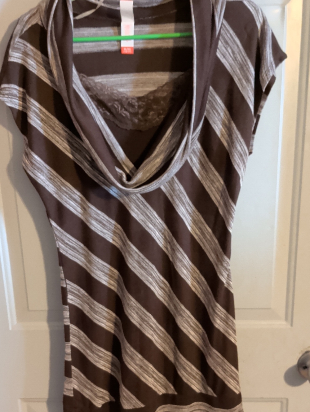 No Boundaries Brown and Cream Striped Cowl Neck Tunic with Lace Inset